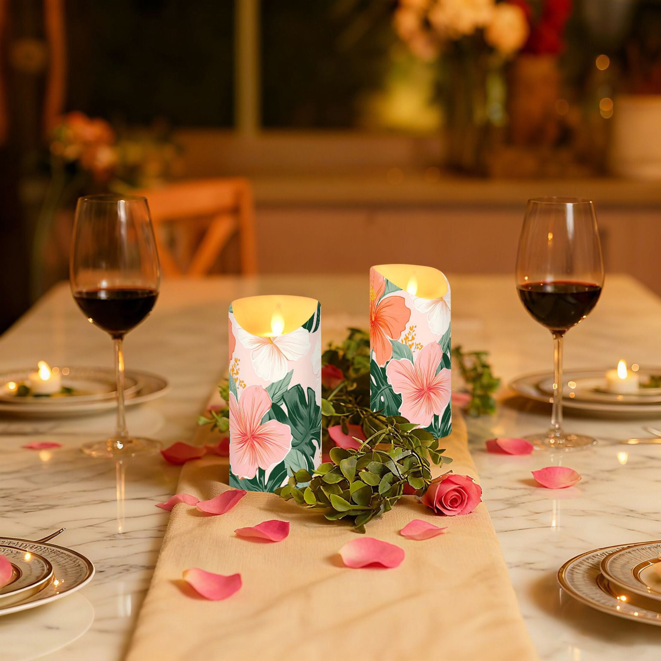 Colorful Hibiscus Florals Palm Leaves Hawaii Flickering Flameless Candles with Remote Timer Battery Operated LED Tealight Set of 2 M