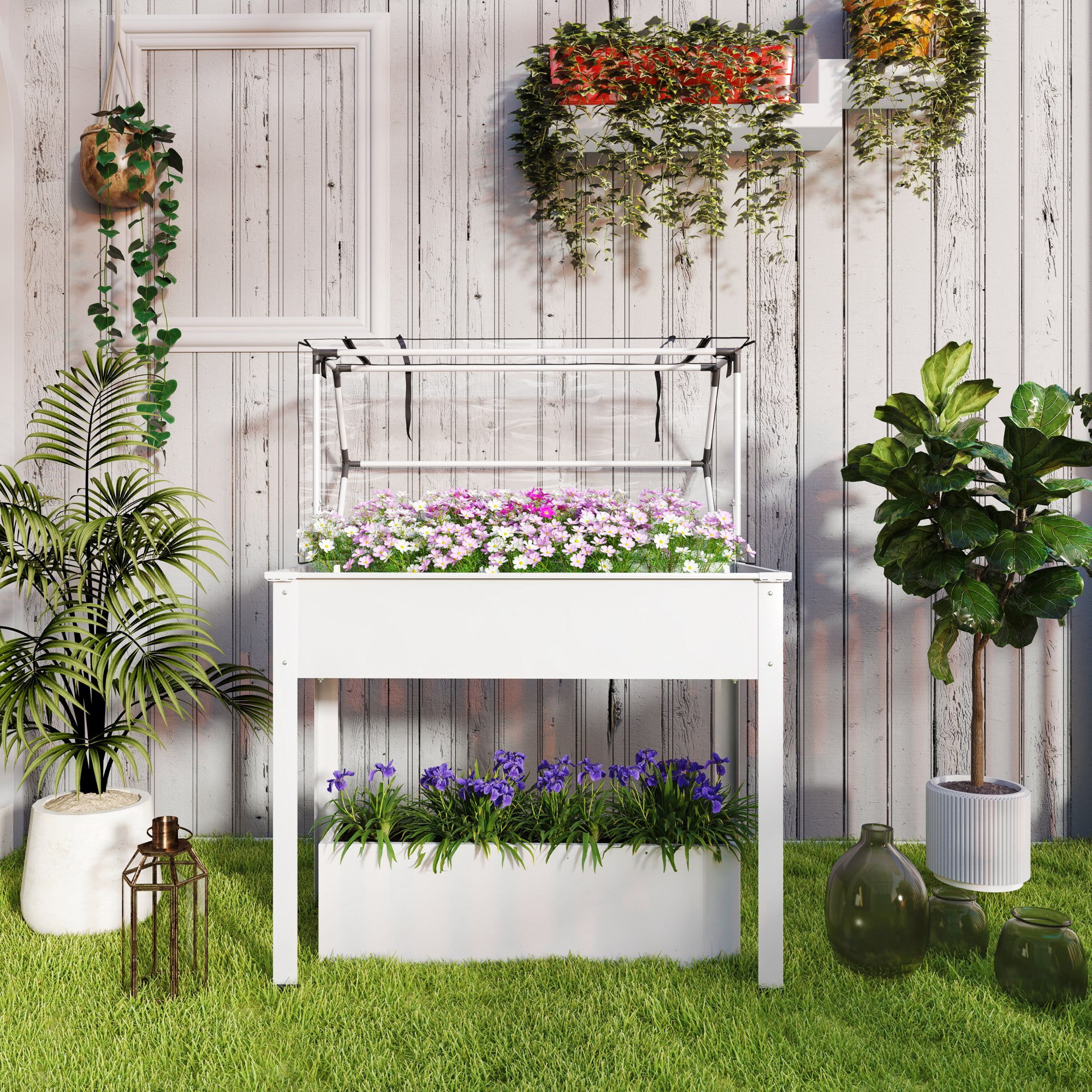 Outsunny Raised Garden Bed with Greenhouse Cover, Elevated Garden Box with Legs and Drainage Hole for Vegetables, White