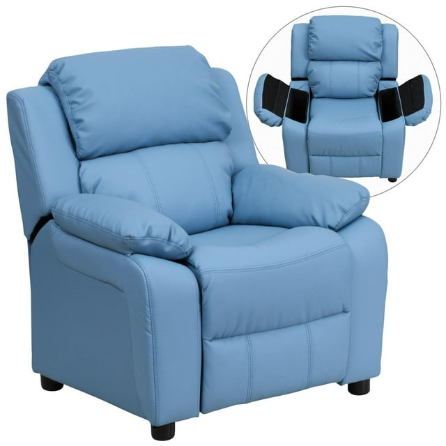 Deluxe Padded Contemporary Light Blue Vinyl Kids Recliner with Storage Arms