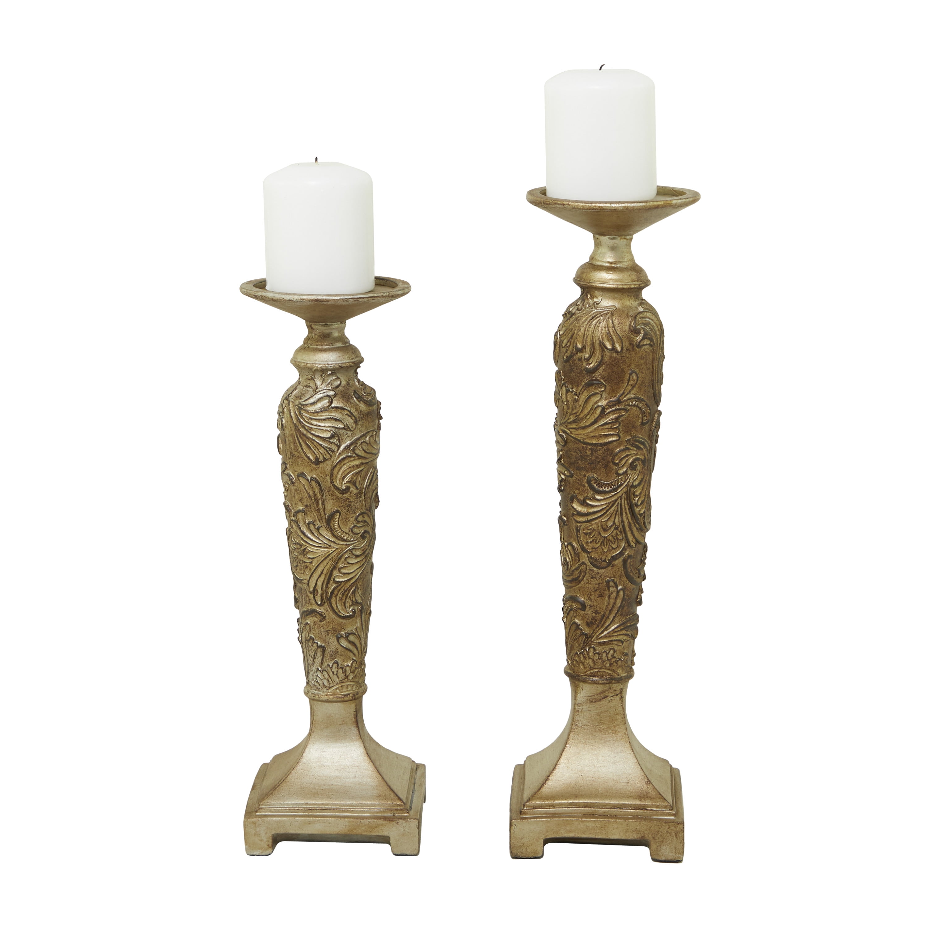 DecMode 5"W, 19"H Polystone Traditional Candle Holders, Gold, 2Piece