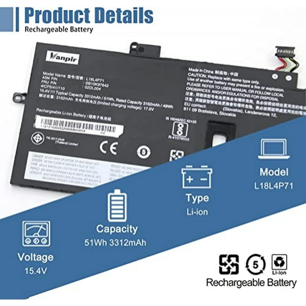 Vanpir L18L4P71 Reemplazo de Batería para Laptop Lenovo ThinkPad X1 Yoga 4ª Gén/X1 Carbono 7ª Serie 8ª Gen 02DL004 SB10K97642 02DL005 L18M4P72 SB10K97643 02DL006 L18C4P71 SB10K97644 15.4V 51Wh