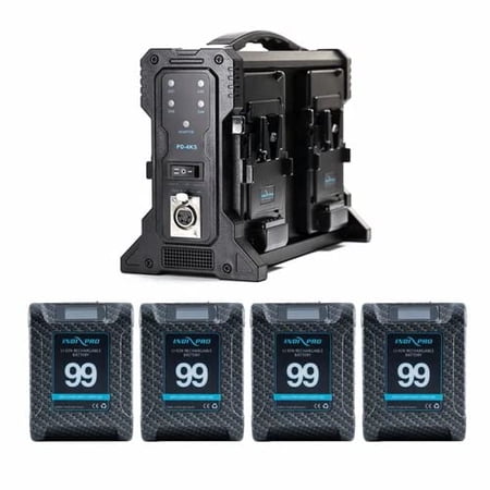 UPC: 0729105922818 | IndiPRO Tools CFMAVKT4 Micro Alpha Series 99Wh V-Mount Li-Ion Batteries  4 Pack  Carbon Fiber with Quad V-Mount Battery Charger Kit