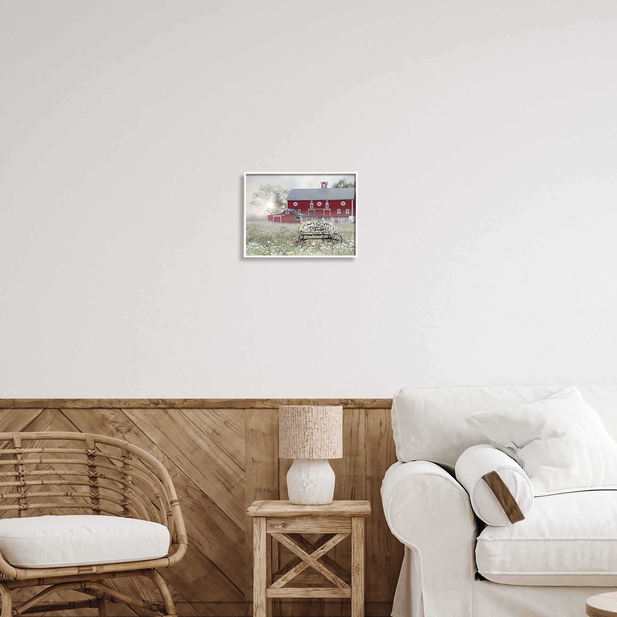 Stupell Red Barn Floral Wagon Meadow Landscape Painting White Framed Art Print Wall Art