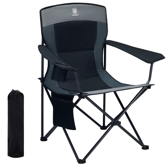 EVER ADVANCED Oversized Camping Chairs Heavy Duty Padded Folding Lawn Chair with Cup Holder,Support 350 lbs for Adults Outdoor Fishing Sports Black