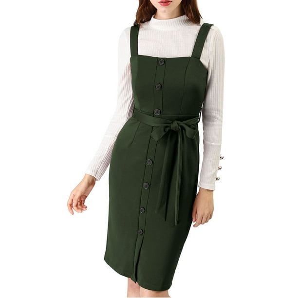 Allegra K Women Button Decor Suspender Overall Jumper Dress - Dark Green - XS Allegra K Women Button Decor Suspender Overall Jumper Dress - Dark Green - XS