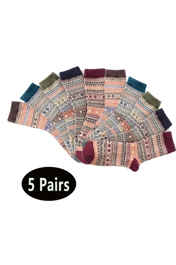 5 Pairs Womens Wool Socks Winter Ethnic Style Warm Socks Soft Hiking Athletic Socks Gifts for Women