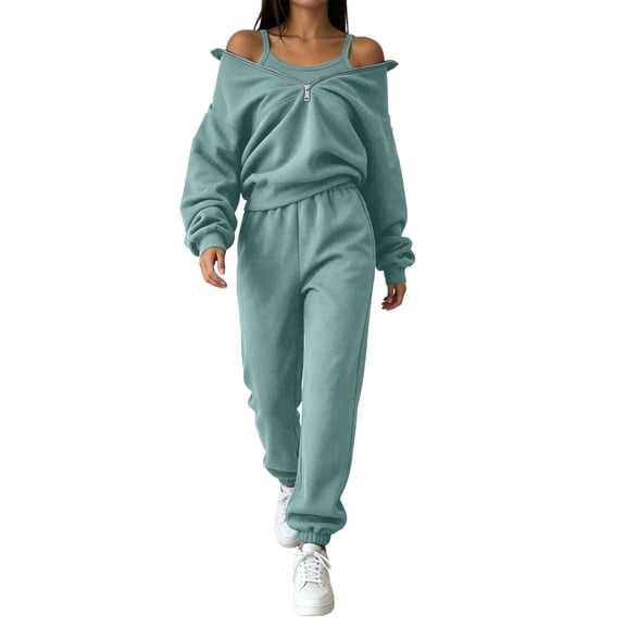 fheaev 2 Piece Outfits for Women Casual Half Zip Sweatshirt Jogger Sweatpants with Pockets Fall Winter Outfit Mint Green,M