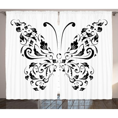Butterfly Curtains 2 Panels Set Silhouette Of Moth With Swirl