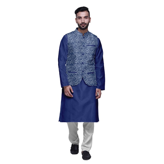 Atasi Kurta Pyjama Traditionnel Uni à Col Mandarin avec Ensemble de Veste Imprimée