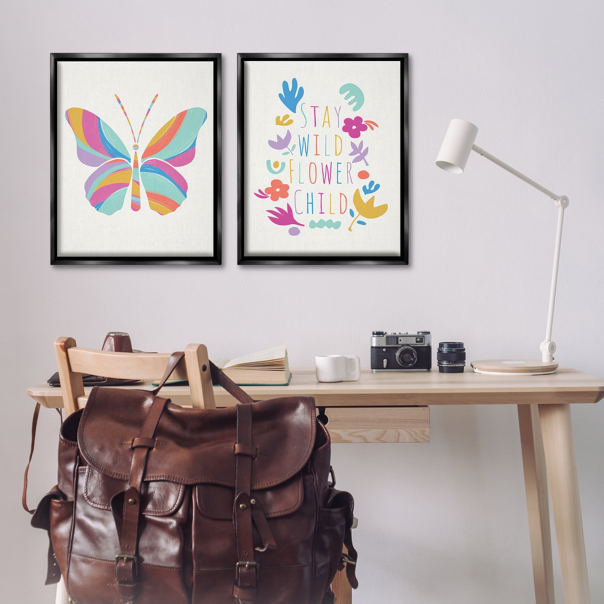 Stupell Industries Stay Wild Butterfly Text & Numbers Painting Black Floater Framed Canvas Art Print Wall Art, 31 x 25, Set of 2
