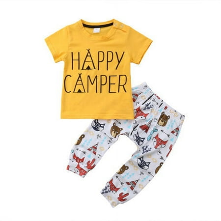 

Franhais Baby Girl s Summer Outfit Sets Yellow Letter Print T-shirt + Cartoon Print Pants