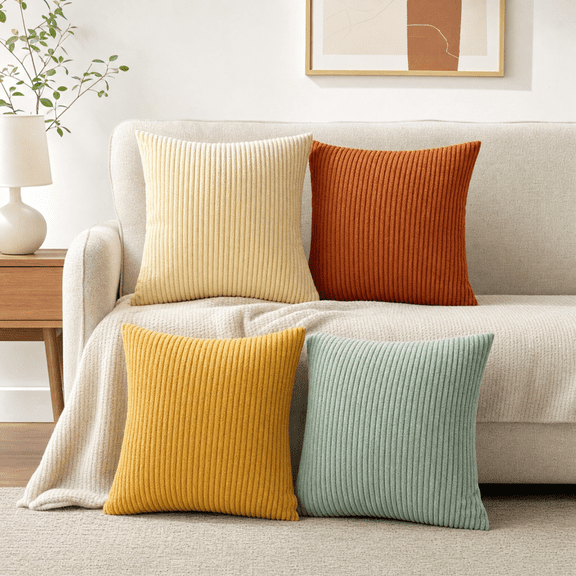 Throw Pillow Covers 18×18 4 Pack Striped Corduroy Decorative for Couch Living Room Bed Green