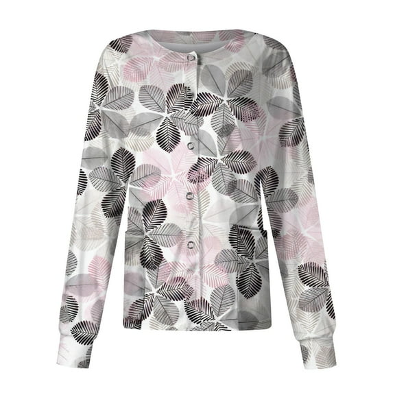 IYYVV Scrubs for Women Scrub Top Snap Front Long Sleeve Cardigan Jackets Stretchy Nursing Tops Floral Print Pocketed Working Uniform Pink 5XL