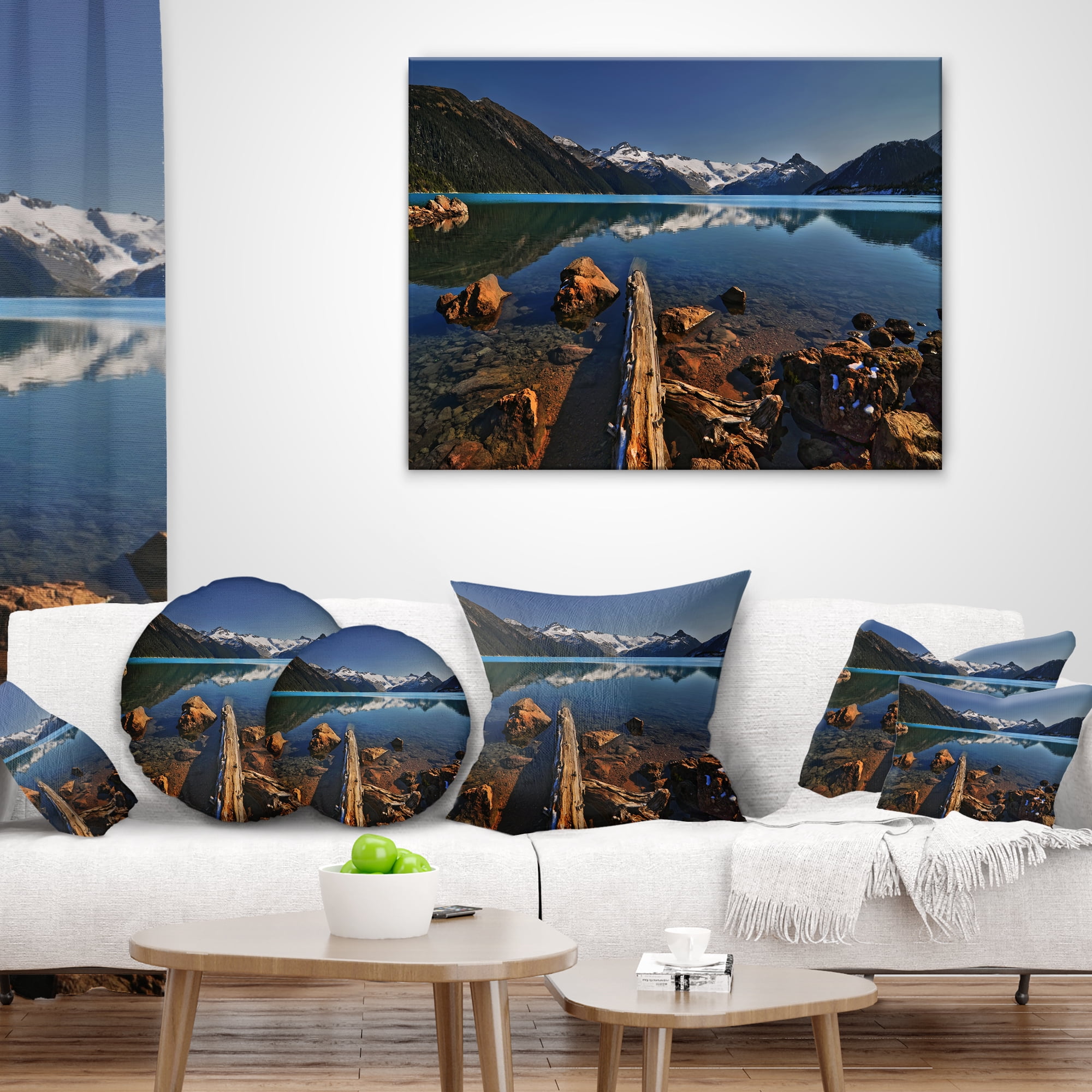 Designart Large Logs in Mountain Lake - Landscape Printed Throw Pillow - 16x16