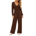 thumbnail image 3 of Women's 2 Piece Lounge Sets Solid Casual Wide Leg Pants Long Sleeve V Neck Top Workout Gym Clothing Comfy, 3 of 7