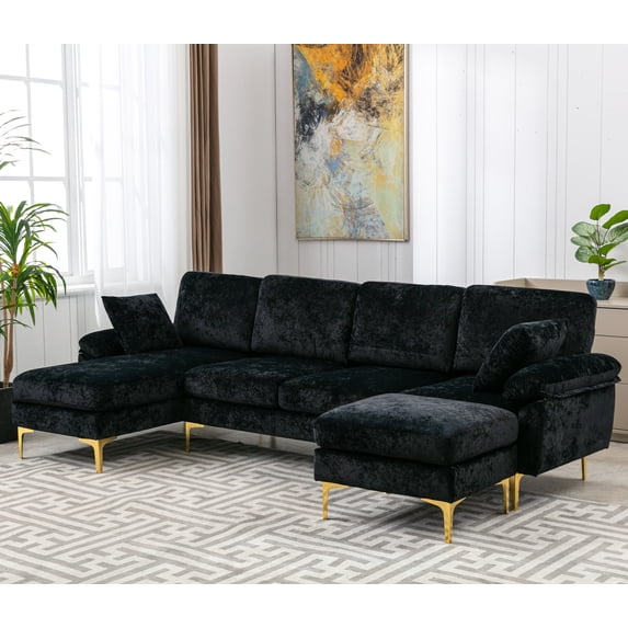 U-shaped Sectional Sofa Set with Removable Ottoman, Modern Modular Sofa Couch with 2 Pillows and Padded Back Cushion for Living Room Bedroom Office, Black