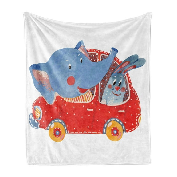 Cartoon Soft Flannel Fleece Throw Blanket, Watercolor Sketch of Young Blushed and Hare in Small Car Friend Travel, Cozy Plush for Indoor and Outdoor Use, 50" x 60", Blue Red White, by Ambesonne