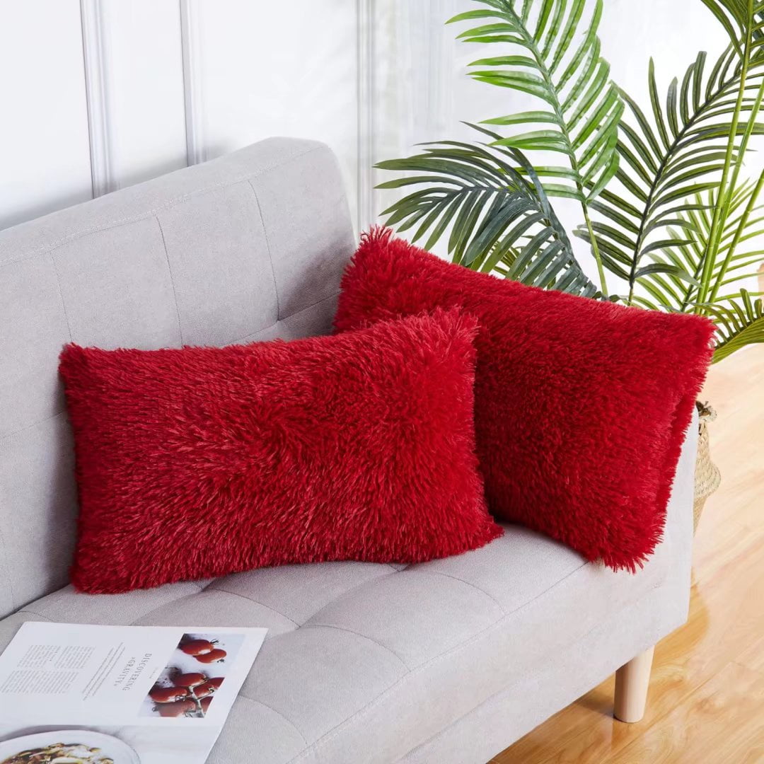 Haperlare 12"x20" 2 Pack Red Pillow Covers Fluffy Soft Soild Decorative