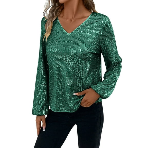 Womens Sequin Tops Elegant Puff Long Sleeve Glitter Sparkly Wedding Blouses V-Neck Dressy Tops for Evening Party