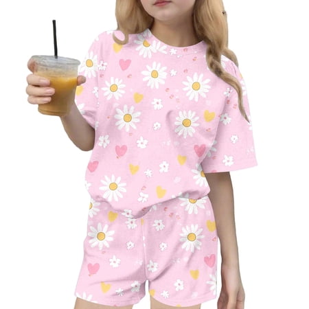 Riecok Short Outfits for Girls 2 Piece Travel Sets Crewneck Short Sleeve Tops and Shorts Vacation Lounge Sets Multicolor 4-5T