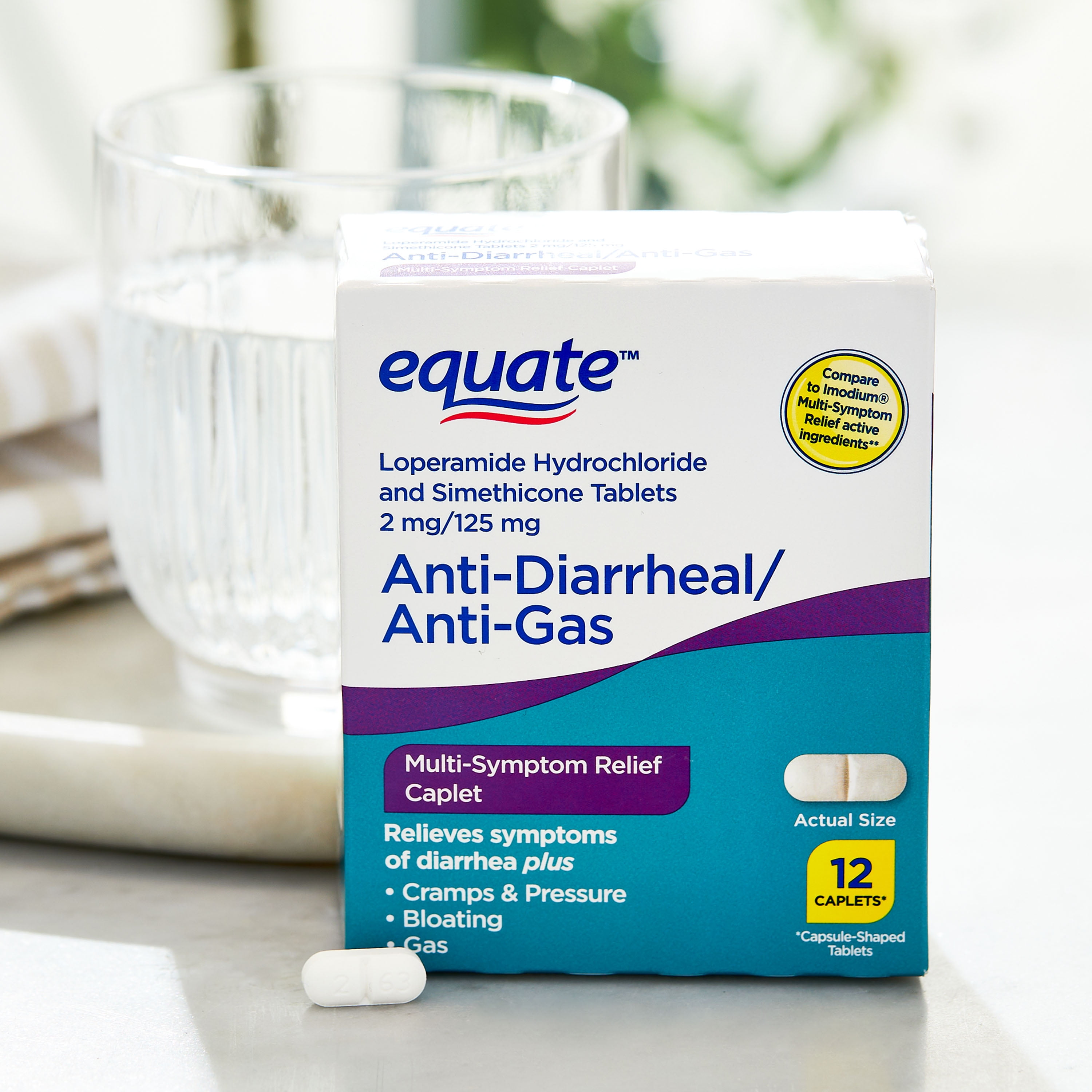 Equate Anti-Diarrheal/Anti-Gas Loperamide HCl & Simethicone Tablets, 2 mg/125 mg, 12 Count