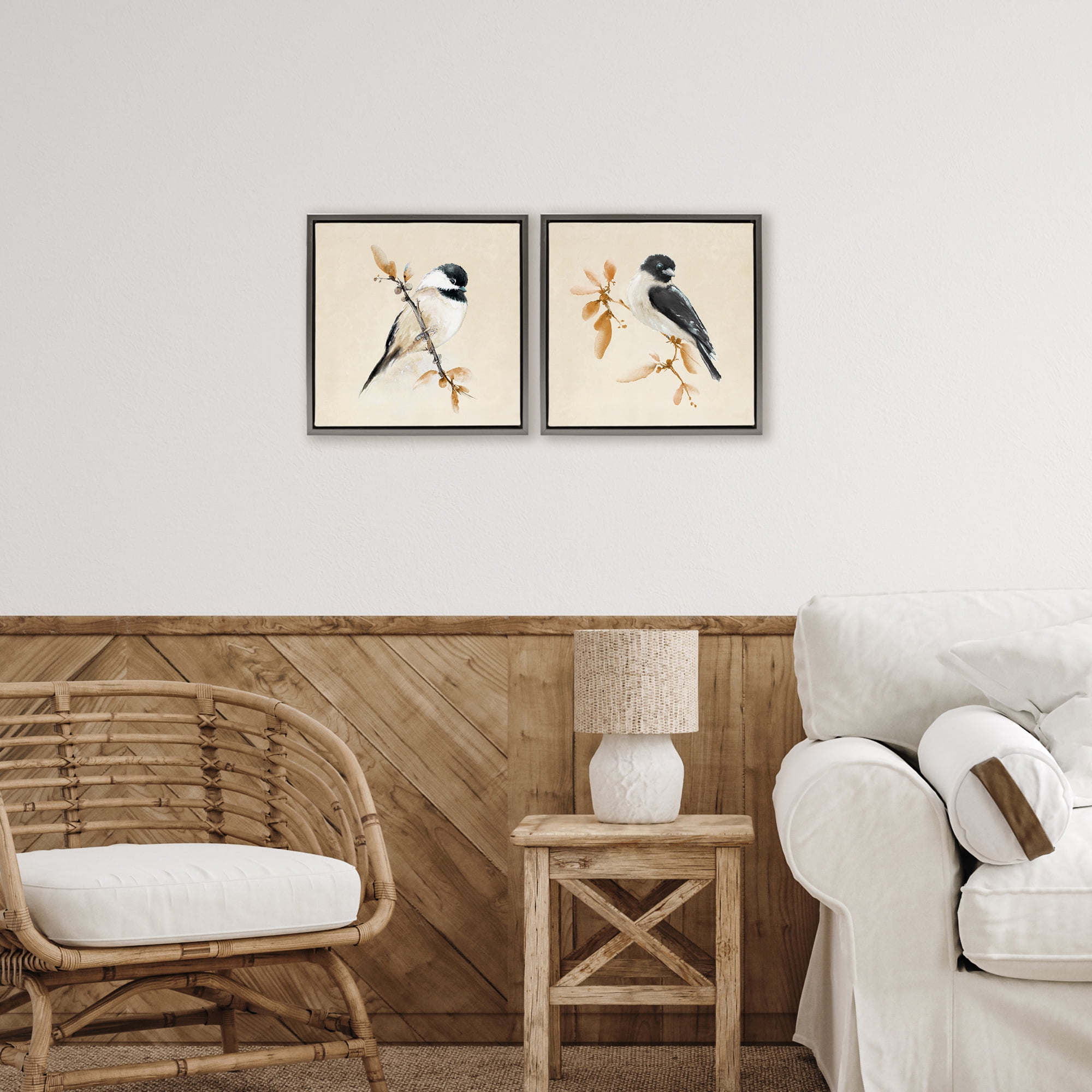 Stupell Industries Muted Chickadees on Beige 2 Piece Gray Framed Floater Canvas Set, design by Diannart