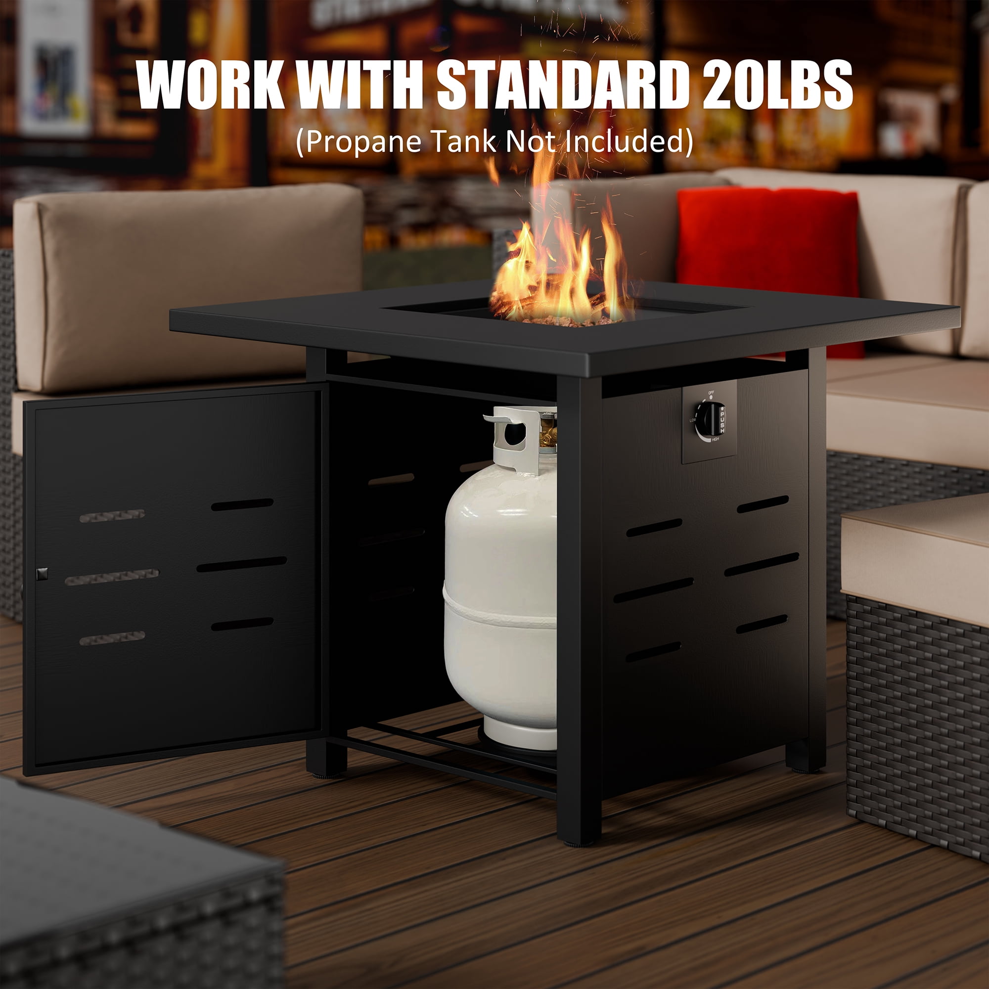 Walsunny 30" Propane Gas Fire Pit Table 50,000 BTU Square Outdoor Wicker Black