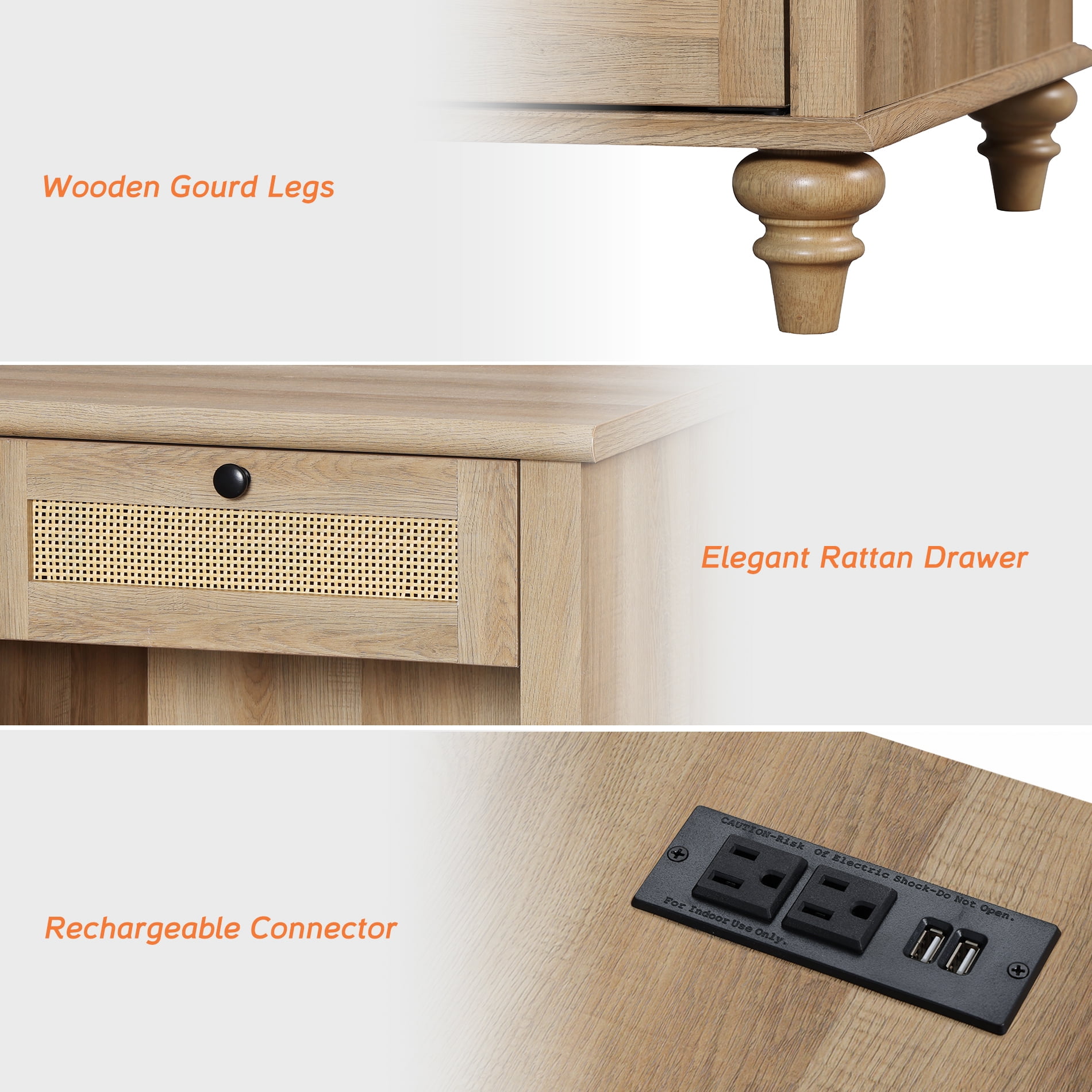 Rattan Night Stand with Charging Station, 20 Inch Vintage End Table with 2 Drawers for Bedroom, Living Room, Antique Oak