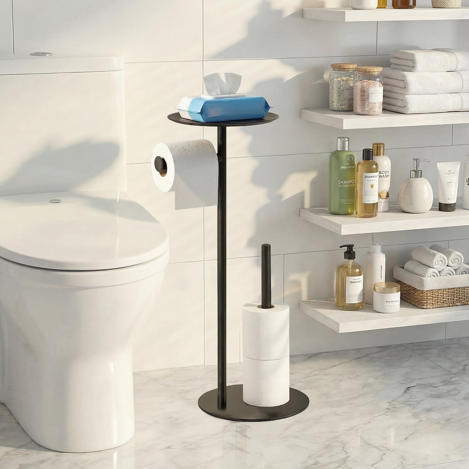 Towond Toilet Paper Holder Free Standing, 304 Stainless Steel Toilet Paper Stand for 4 Rolls with Top Storage Shelf for Phone & Small Items, Bathroom Organizers and Storage, Black