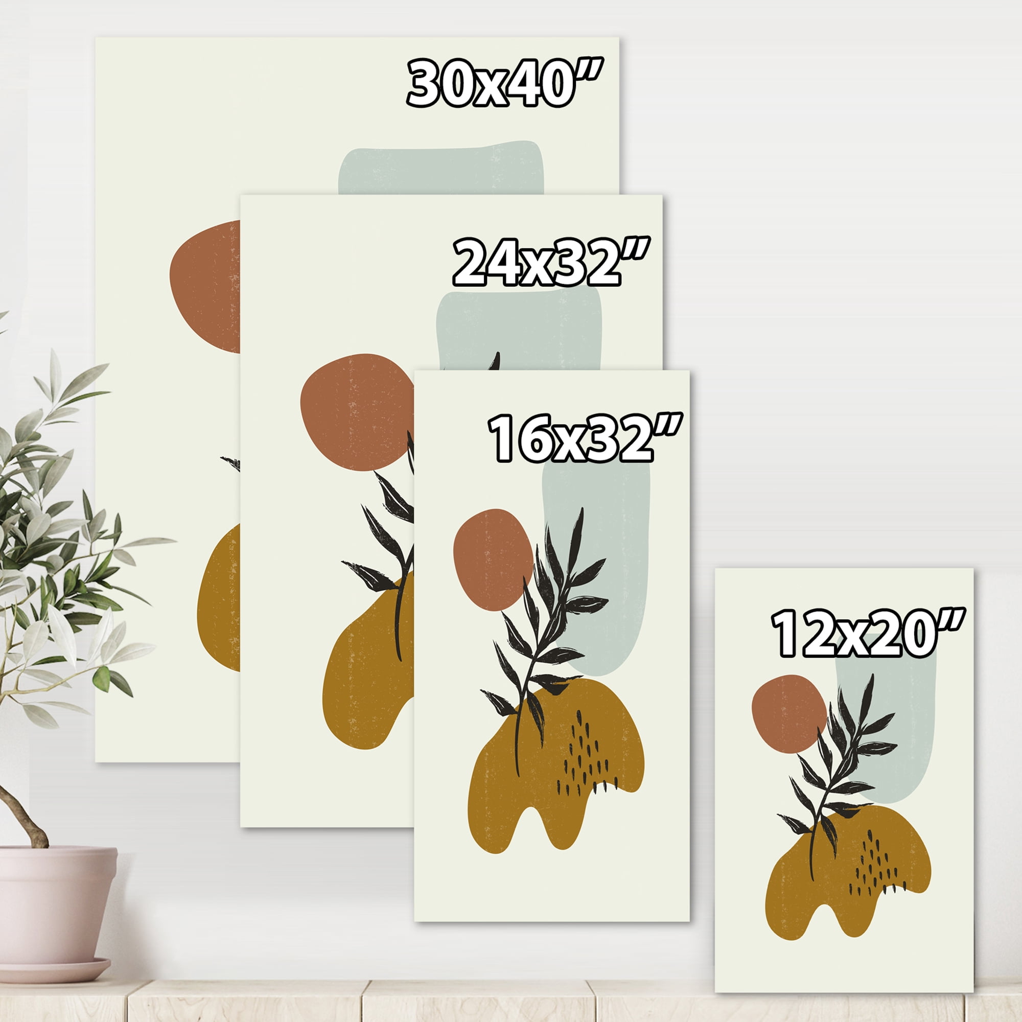 Designart ' Abstract Shapes With Botanical Minimalist Leaf II ' Modern Canvas Wall Art Print
