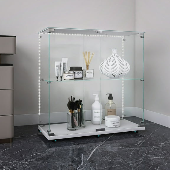 Tempered Glass Display Cabinet with Bluetooth LED Lighting - Multi-Functional Storage & Wine Cabinet with Locking Casters, Adjustable Shelves for Home/Office Use, White Finish
