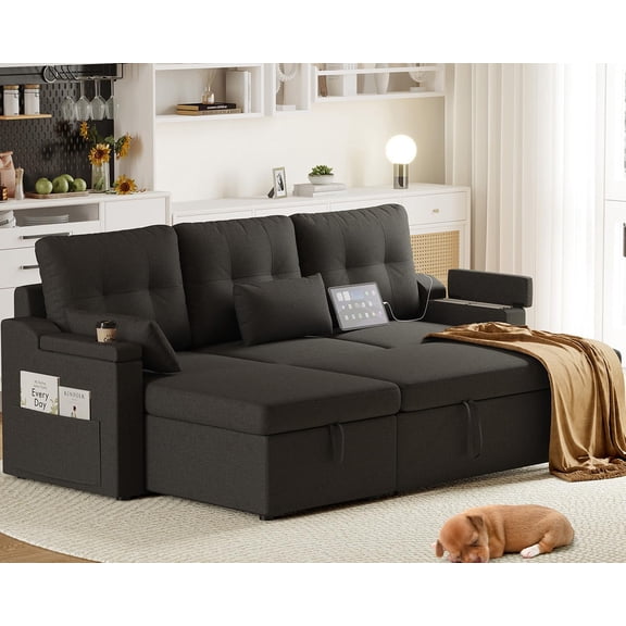 Reversible Sectional Sofa Couch - 85 in Sleeper Sofa Bed with USB Type C Ports and Cup Holder - L Shaped Couch with Pullout Bed for Living Room - Hidden Storage - Removable Backrest - Black