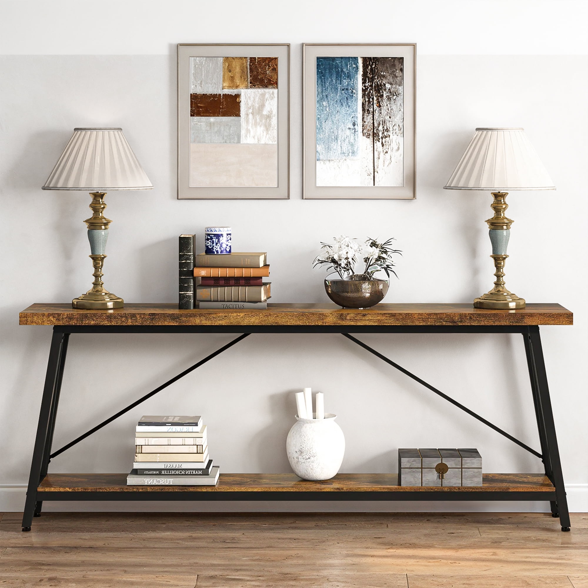 Demi Bonn 70.9" Console Table, Rustic Vintage Narrow Sofa Table for Entryway, Living Room, Hallway, Brown & Black
