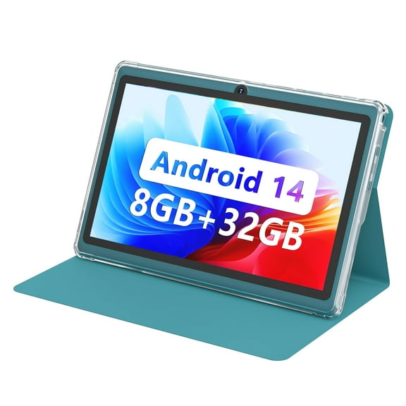 7 Inch Tablet Android 14 with Protective Cover 8GB RAM (4 4 Expandable) 32GB Storage, IPS Display (1024x600), 3000mAh Battery, Dual Cameras, WiFi 6, 1TB Expandable