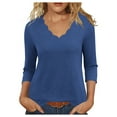 thumbnail image 2 of Ltctricy T Shirts for Women Fashion 3/4 Length Sleeve V Neck Scalloped Trim Solid Color Tunic Tops Casual Loose Tee Blouses(Dark Blue,X-Large), 2 of 5