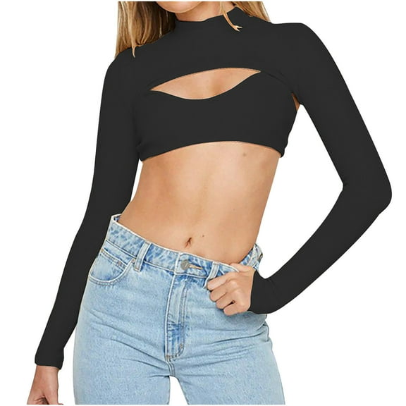 STETMN Women's Sexy Crop Tops Slimming Mock Neck Shirt Basic Cut Out Long Sleeve T-Shirts