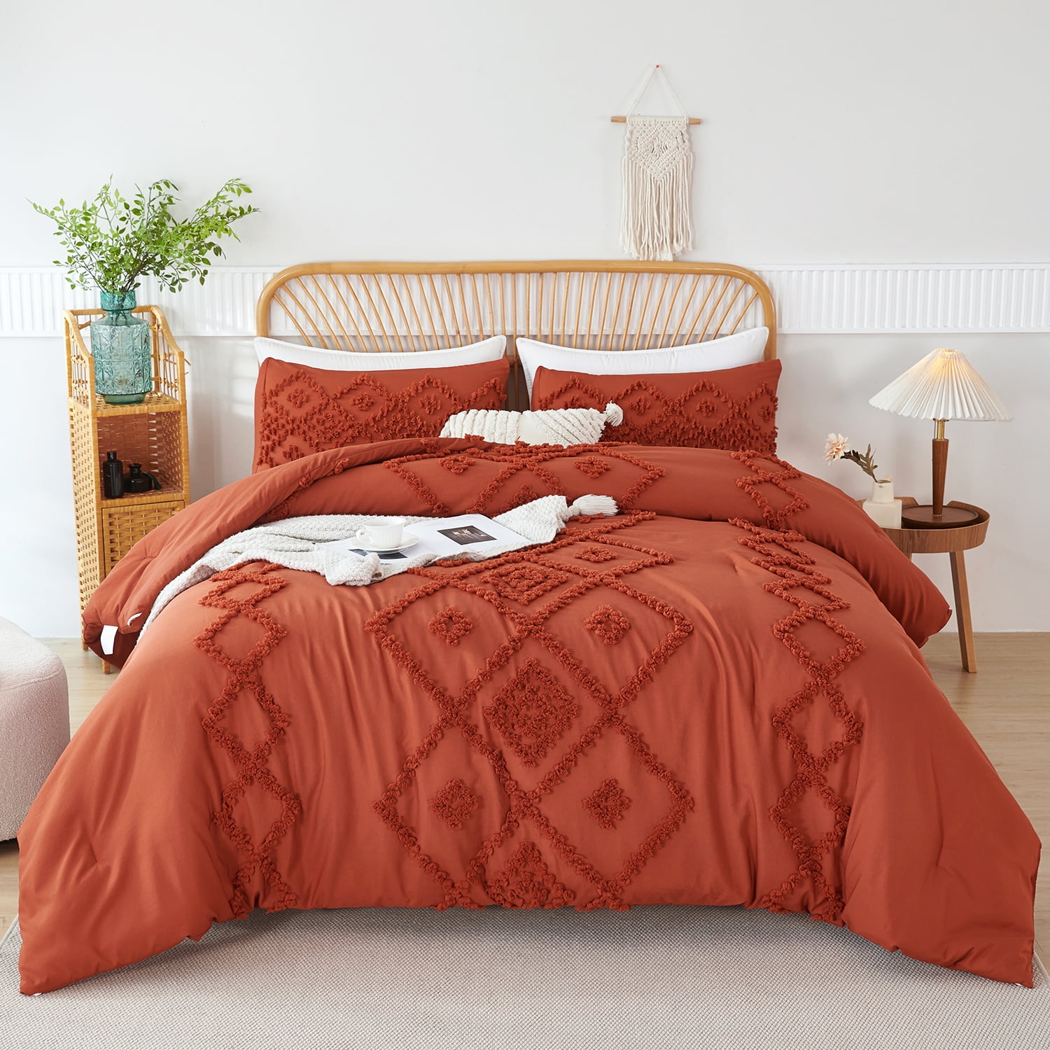 RYNGHIPY King Comforter Set Tufted Jacquard Bedding Set 3 Pcs Boho Bed Set for Girls Women Men Farmhouse Style Shabby Chic Bedding (King, Caramel)