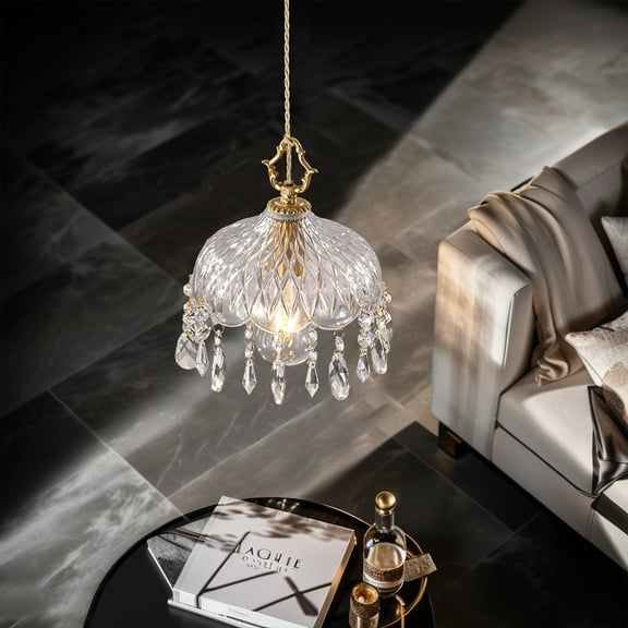 Vintage Glass Pendant Light With Crystal Brass Embossed Flower Dome Patterns Pendant Lamp