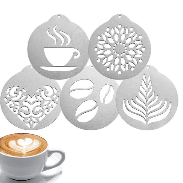 Plantillas de café de acero inoxidable Plantilla de decoración de café Barista Cappuccino Plantillas de arte Guirnaldas de café Herramientas de decoración de pasteles (5 piezas). Afortunado Sencillez