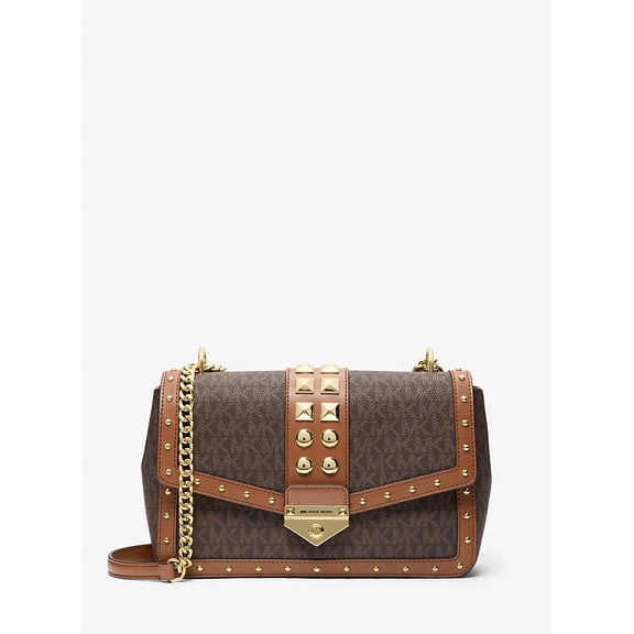 Michael Kors Outlet Soho Large Studded Signature Logo Shoulder Bag Brown