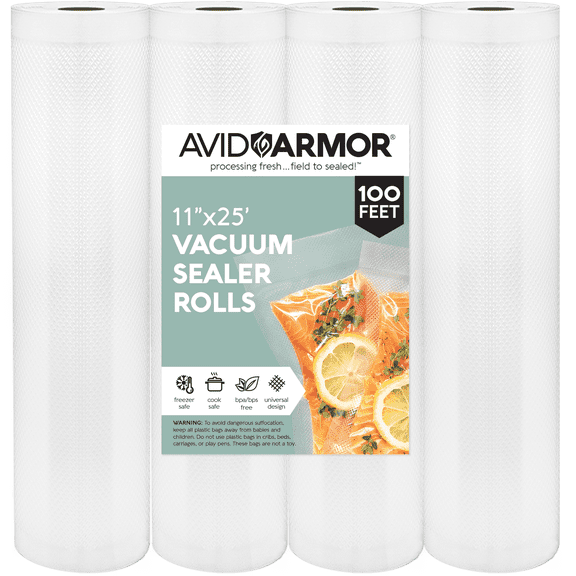 Avid Armor 11"x25' Vacuum Sealer Rolls, 4 Rolls, BPA-Free Food Saver Bags for Food Storage