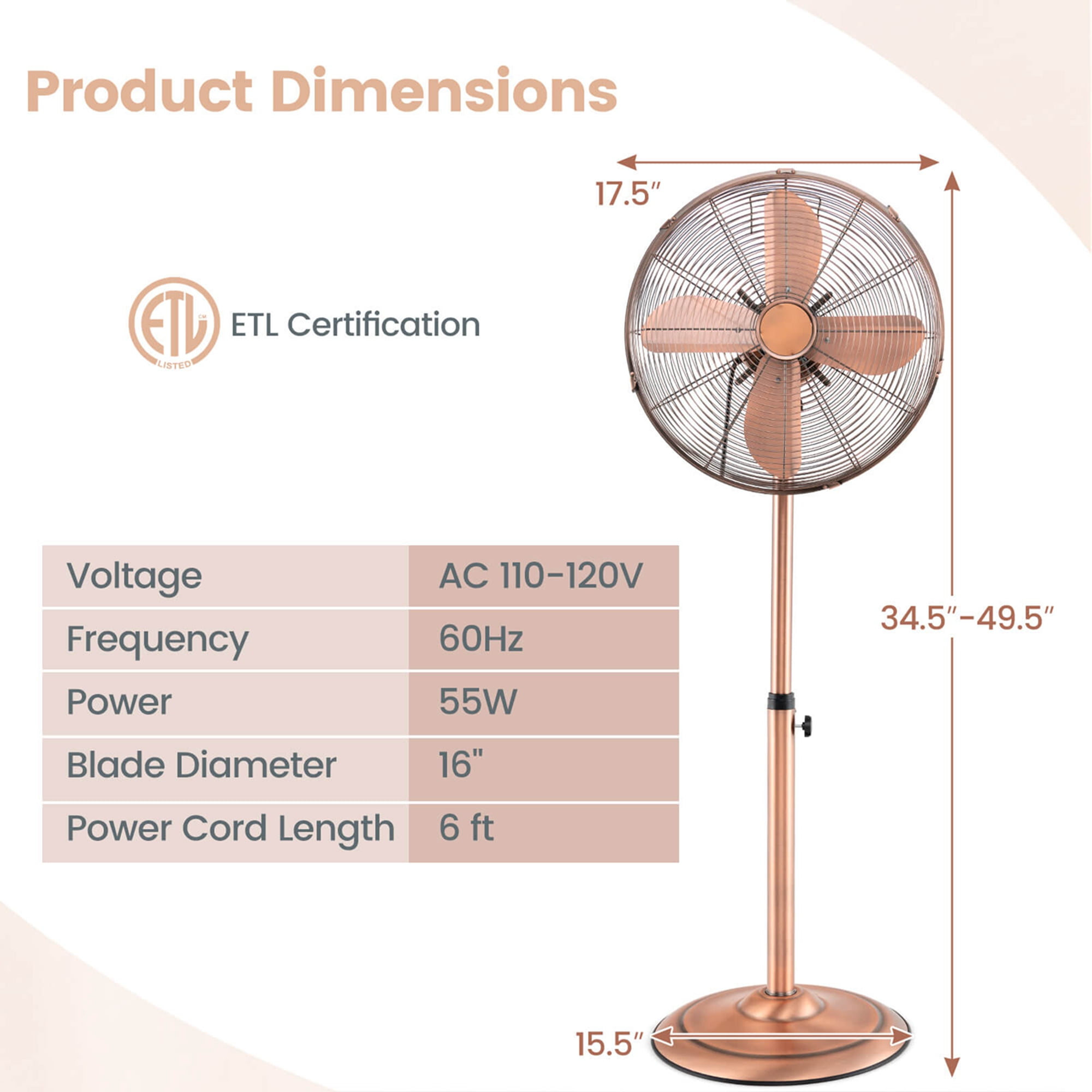 Costway 16" Standing Pedestal Fan with 3 Speed Settings Carrying Handle Aluminum Blades Copper