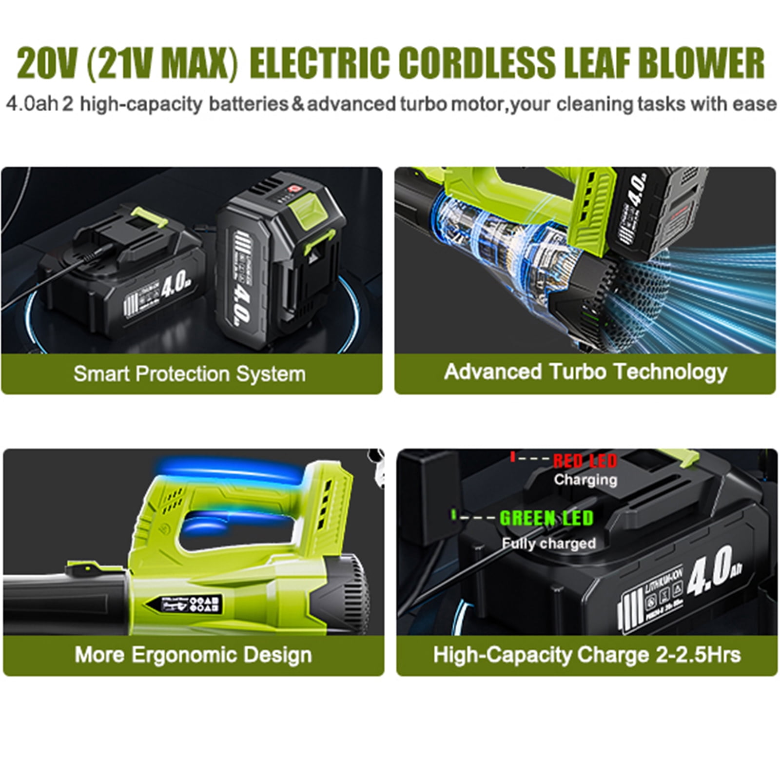 Leaf Blower Cordless Lightweight Electric with 2 4.0Ah Battery and Charger, Portable Handheld for Lawn Care, Garden, Patio, Yard