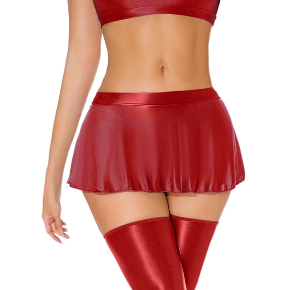 Shiny Glossy Skirt for Women Low Rise Oil Sheer Miniskirt Ruffled Flirty Ultrashort Mini Skirts Solid Color Seamless Pleated Short Skirt for Club Party Valentine's Day