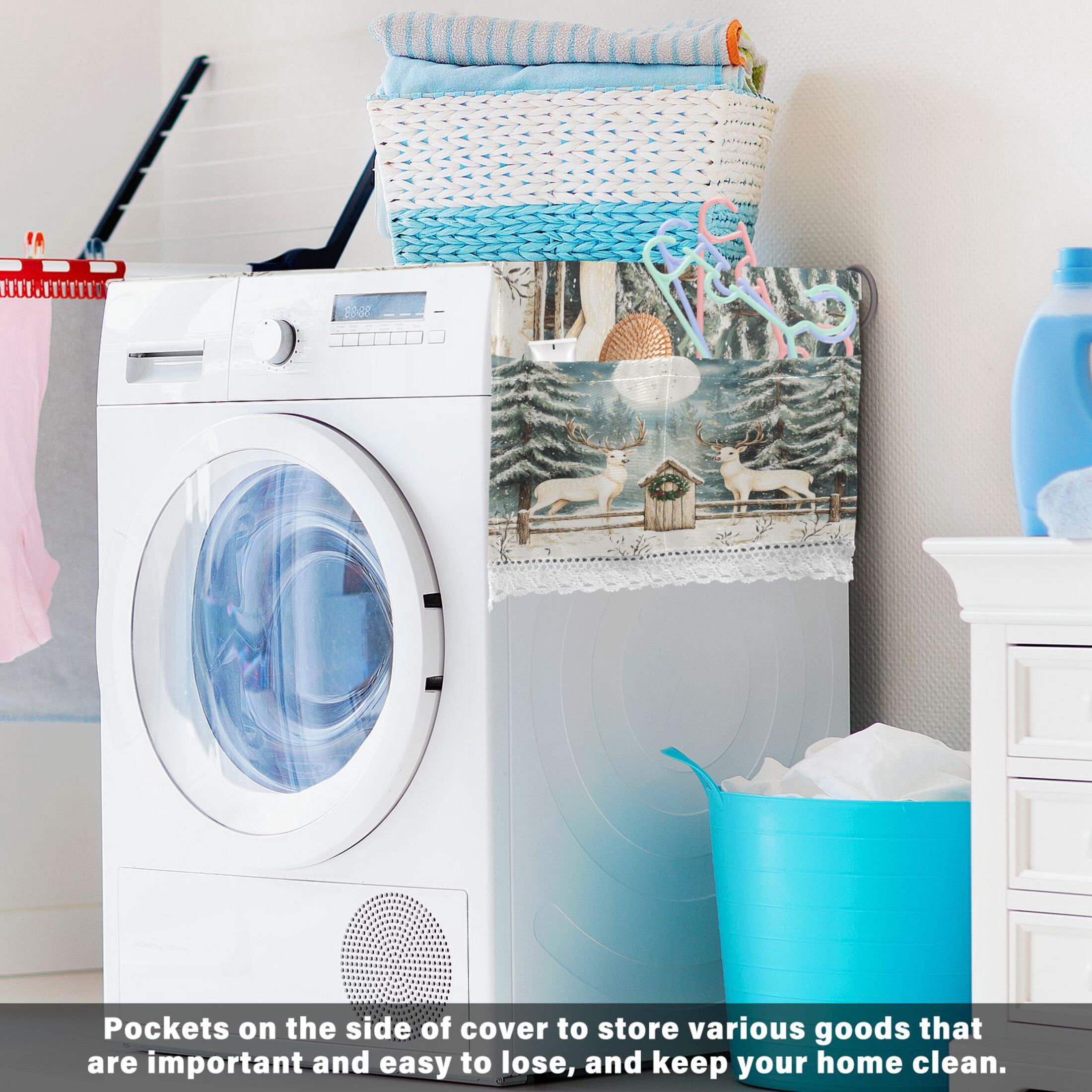 White Reindeer and SnowWasher and Dryer Covers Dust-Proof and Oil Resistant Fridge Cover with 4 Storage Pockets Washing Machine Top Cover for Laundry Kitchen Home 51.2 x 22 In