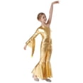 thumbnail image 2 of renvena Kids Girls Shiny Metallic Dance Jumpsuit One Shoulder Flare Sleeve Bodysuit Prom Party Gold 10, 2 of 7