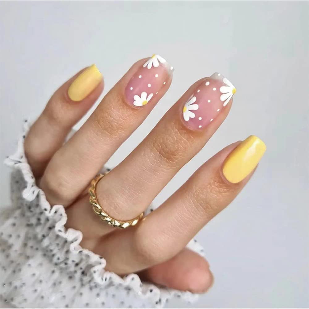 Flower Press on Nails Short Fake Nails Acrylic Yellow Glossy French Nude  Design Natural Color Full Cover Coffin Stick on Nails Adhesive Tape on Nails  for Women and Girls Home DIY 24