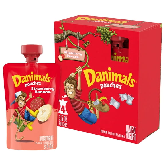 Danimals Pouches Strawberry Banana Squeezable Low Fat Yogurt Pouches​, 3.5 oz, 4 Count