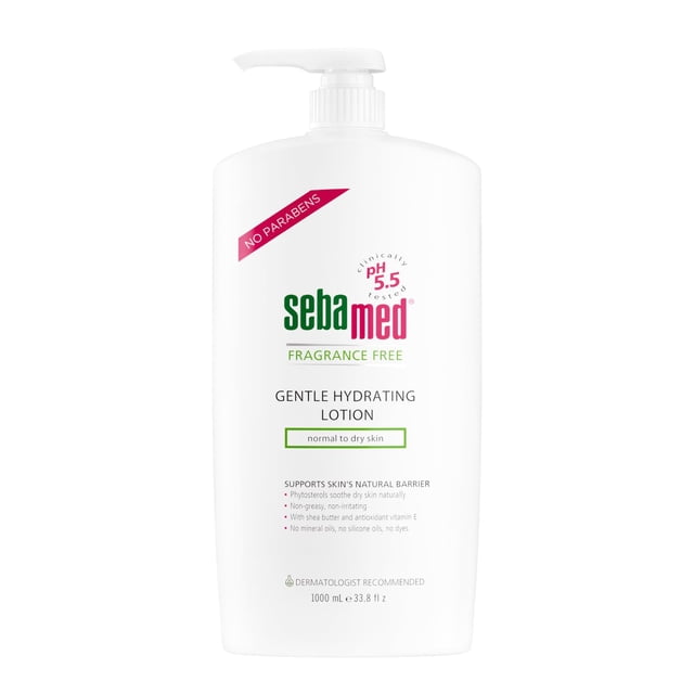 Sebamed Loción hidratante suave sin fragancia Hidratante ultra suave recomendado por dermatólogos para pieles sensibles normales a secas 33.8 onzas líquidas (1 litro)