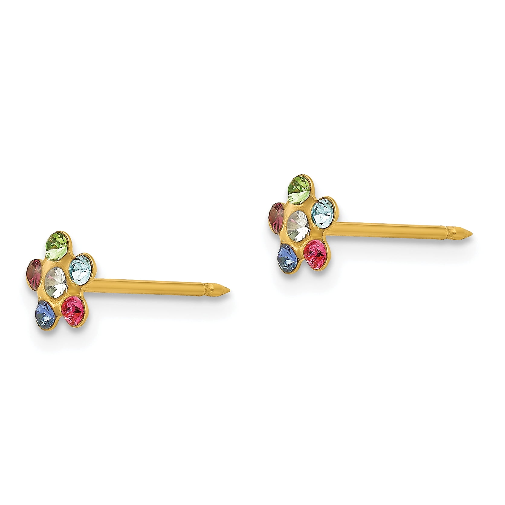 14k Yellow Gold Rainbow Flower With Multi Crystal Stones Earrings (5MM)